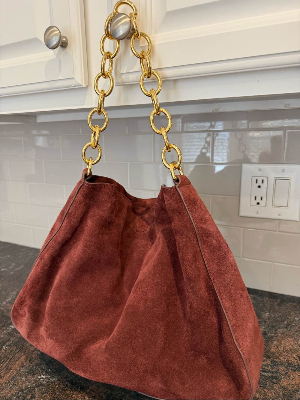 J. Crew Suede Hobo Bag in Deep Rust with Gold Chain Handle